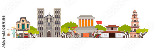 Vietnam skyline colorful background. Famous Vietnamese building. Vietnam hand drawn vector illustration. Vietnamese travel landmarks/attraction. Vector illustration isolated on white background