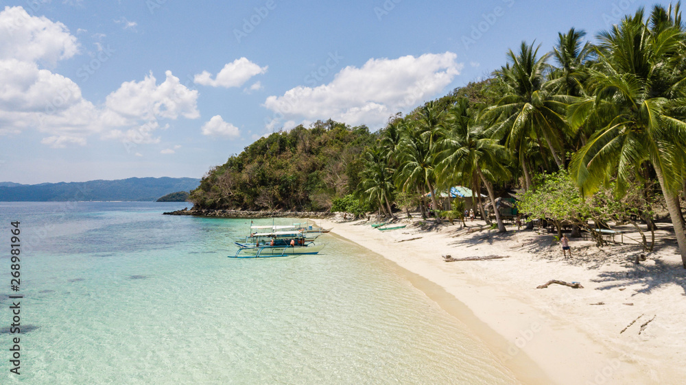 Awesome tropical landscape in the Philippines. Traditional filipino boat parked in a dreamed beach with palm trees, white sand and blue water