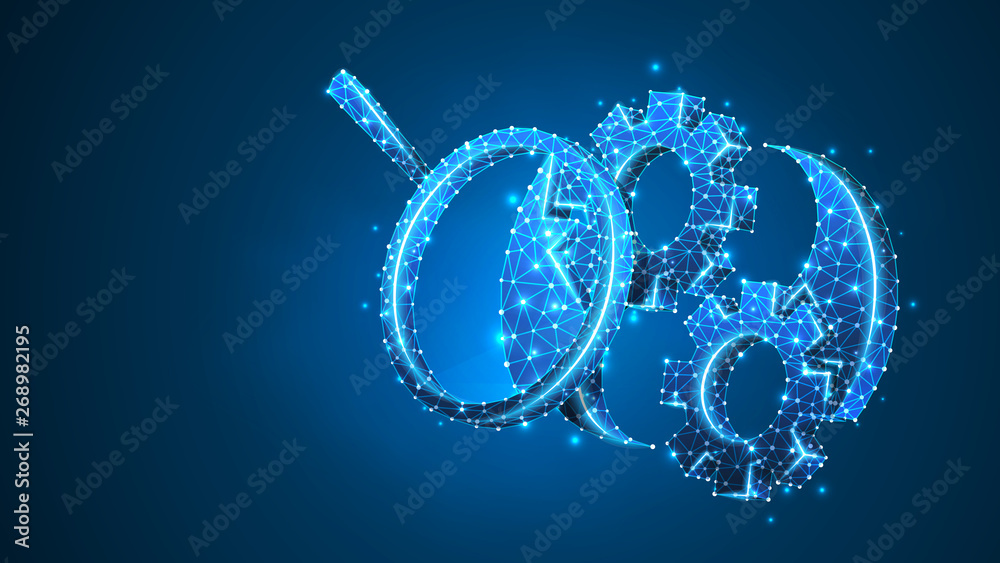 Magnifying glass on Gears Yin Yan symbol. Technology balanced solution, engineering research concept. Abstract, digital, wireframe, low poly mesh, Raster blue neon 3d illustration. Triangle, line, dot
