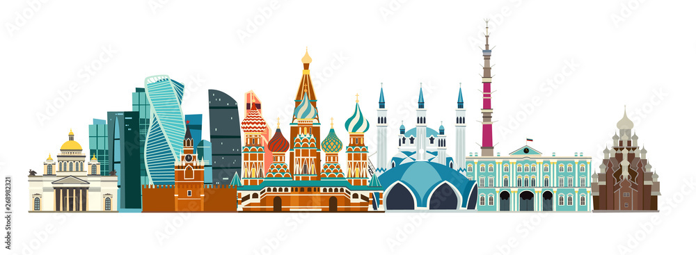  Russia detailed panoramic street vector art. Cartoon flat style. Travel to Russia. Hand draw vector poster.