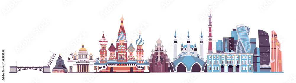 Russia skyline vector. landmark Kremlin palace, TV tower and St. Isaac's Cathedral illustration. Church of Kizhi And Moscow city Isolated on white background.  Drawbridge, mosque and the Kazan Mosque