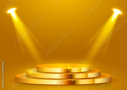 Abstract round podium illuminated with spotlight. Award ceremony concept. Stage backdrop.