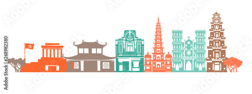 Vietnam skyline vector. Panoramic abstract street view. Travel and tourism background. Vector illustration Vietnamese landmark contour illustration