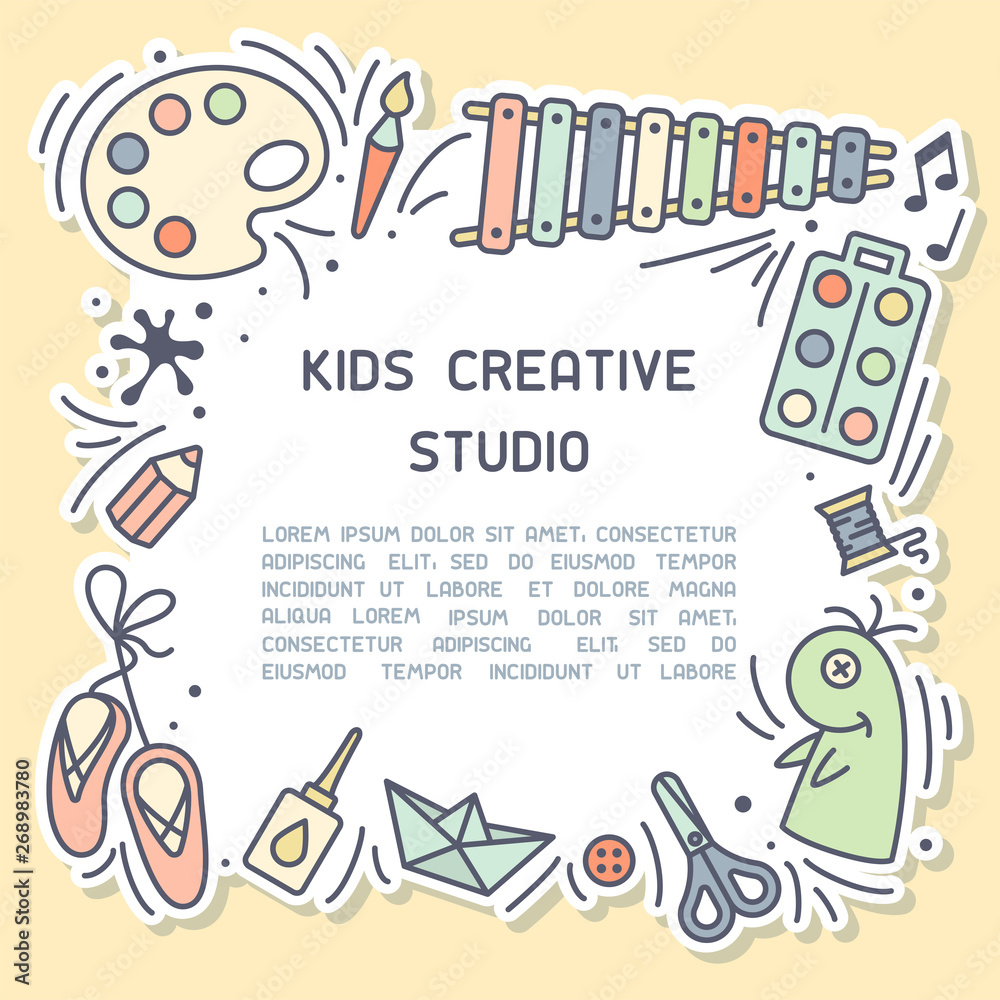 Bright concept of kids creative studio info card with sample text.  Suitable for advertisement or information banner decor