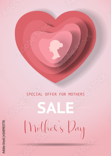 Mother's Day sale poster with soft red paper hearts. Mother or woman silhouette on different shape of paper hearts for Mother's Day. Sale poster, banner, concept, vector illustration for shops.