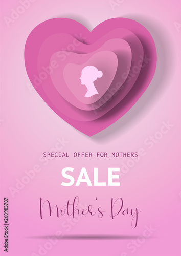Mother's Day sale poster with pink paper hearts. Mother or woman silhouette on different shape of paper hearts for Mother's Day. Sale poster, banner, concept, vector illustration for shops.