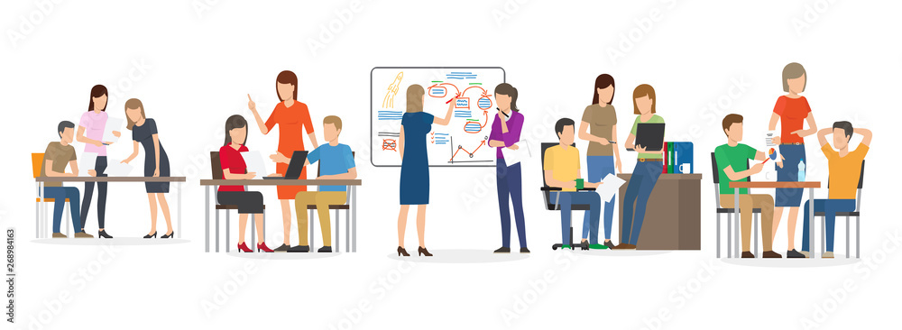 People finding new ideas vector, man and woman with whiteboard, information on board, office workers teamwork brainstorming solution to problem isolated. Team of workers work with new idea