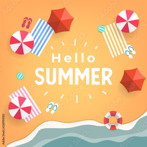 Hello Summer tropical beach top view banner template.