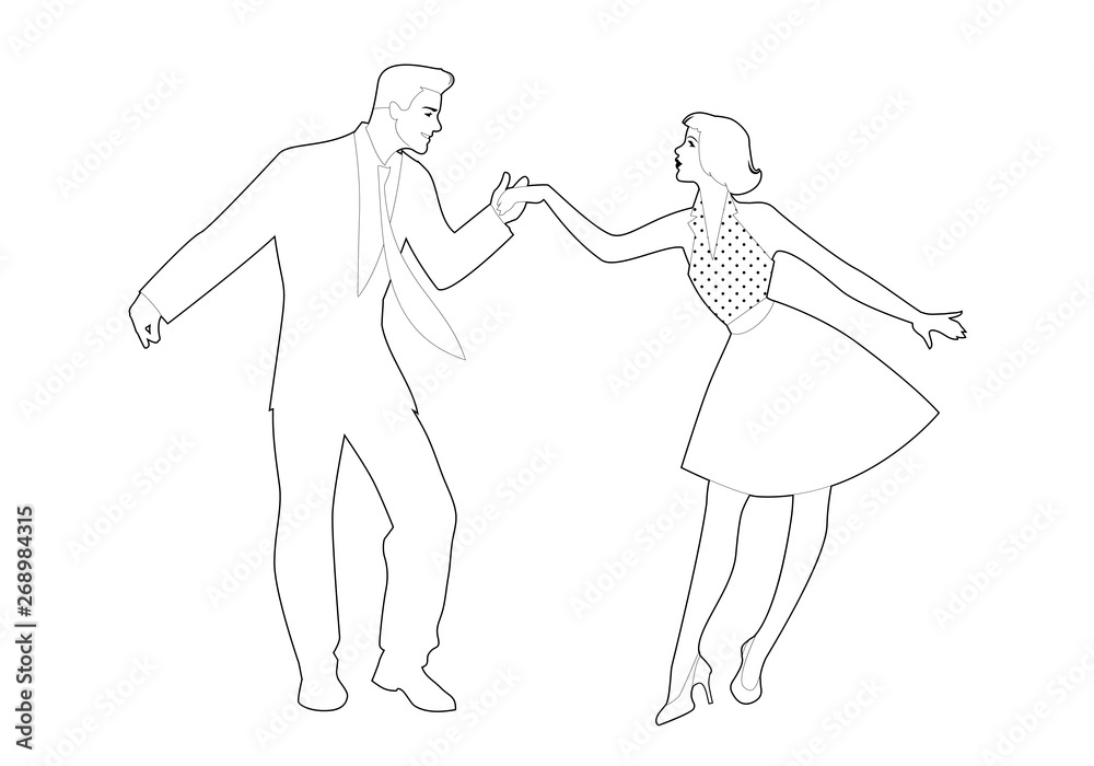 Beautiful girl and handsome man dancing rock, rockabilly, swing or lindy hop. Outlines vector illustration. Beautiful girl and handsome man dancing rock, rockabilly, swing or lindy hop. Outlines vector illustration.
