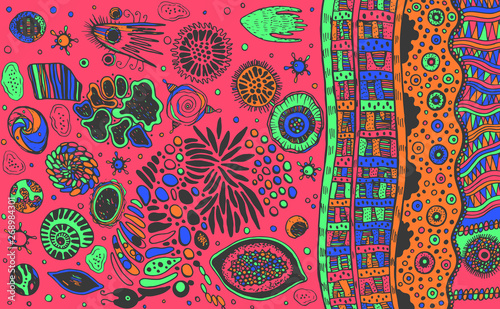 Psychedelic abstract colorful abstract sketch. Surreal weird line background. Pink backdrop. Vector illustration