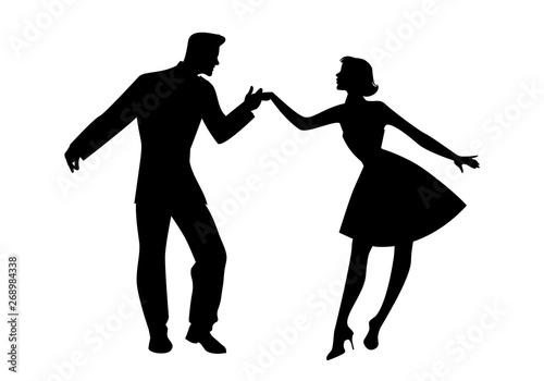 Silhouette of couple wearing retro clothes dancing rock, rockabilly, swing or lindy hop isolated on whihte background