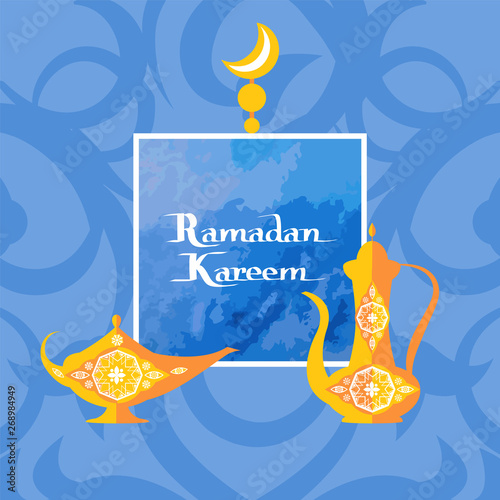 Ramadan Kareem poster with islamic dishware decorative pitcher in vintage style, arabic genie lamp or coffee pot, frame for text topped by moon vector