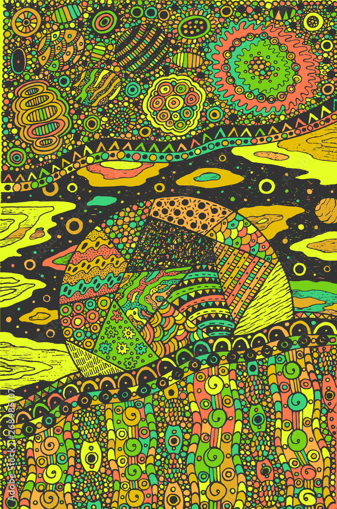 Doodle surreal fantastic art with planet and cosmic landscape. Ornamental psychedelic colorful artwork. Vector illustration