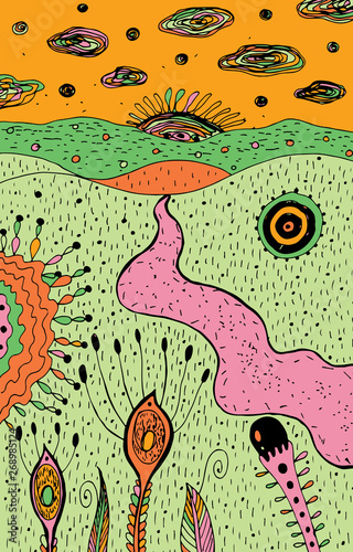 Cartoon psychedelic landscape - colorful hippie art. Fantastic graphic sketch artwork. Vector illustration