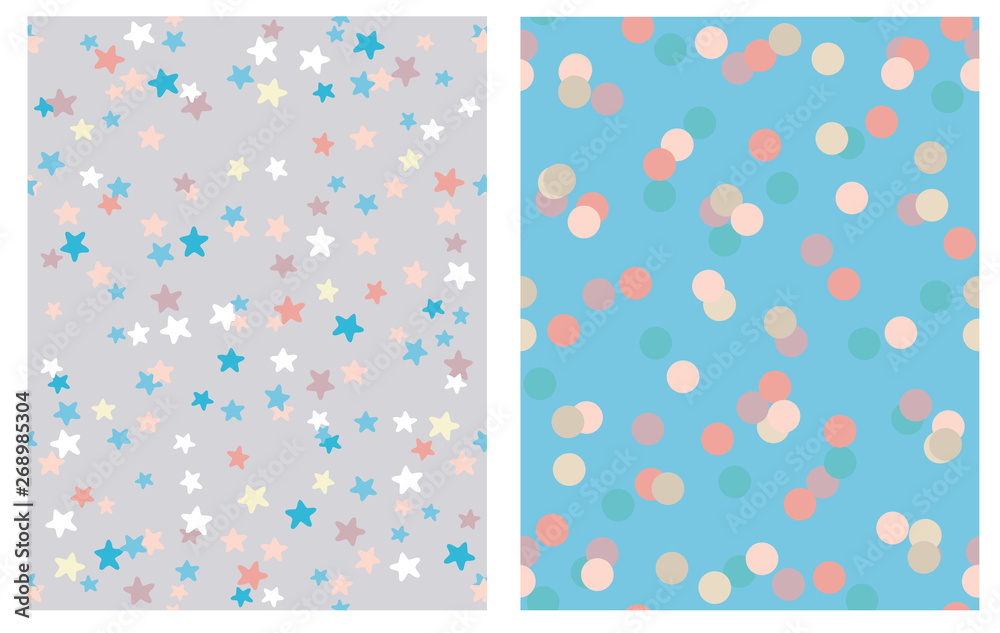 Simple Geometric Vector Patterns with Stars and Dots on a Blue and Gray Background. Irregular Hand Drawn Starry and Dotted Graphic. White, Pale Red, Beige and Blue Confetti Rain of Star and Dot Shape. Simple Geometric Vector Patterns with Stars and Dots on a Blue and Gray Background. Irregular Hand Drawn Starry and Dotted Graphic. White, Pale Red, Beige and Blue Confetti Rain of Star and Dot Shape.