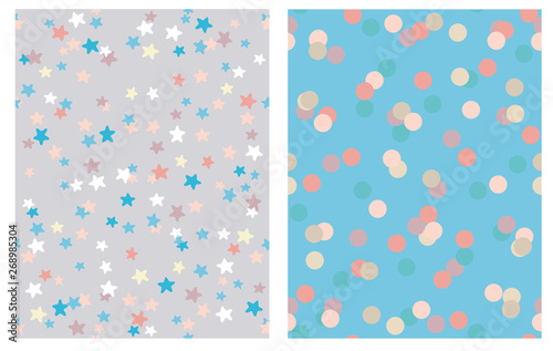 Simple Geometric Vector Patterns with Stars and Dots on a Blue and Gray Background. Irregular Hand Drawn Starry and Dotted Graphic. White, Pale Red, Beige and Blue Confetti Rain of Star and Dot Shape.