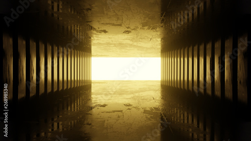 Dark blank room and golden light interior glossy backdrop 3d rendering
