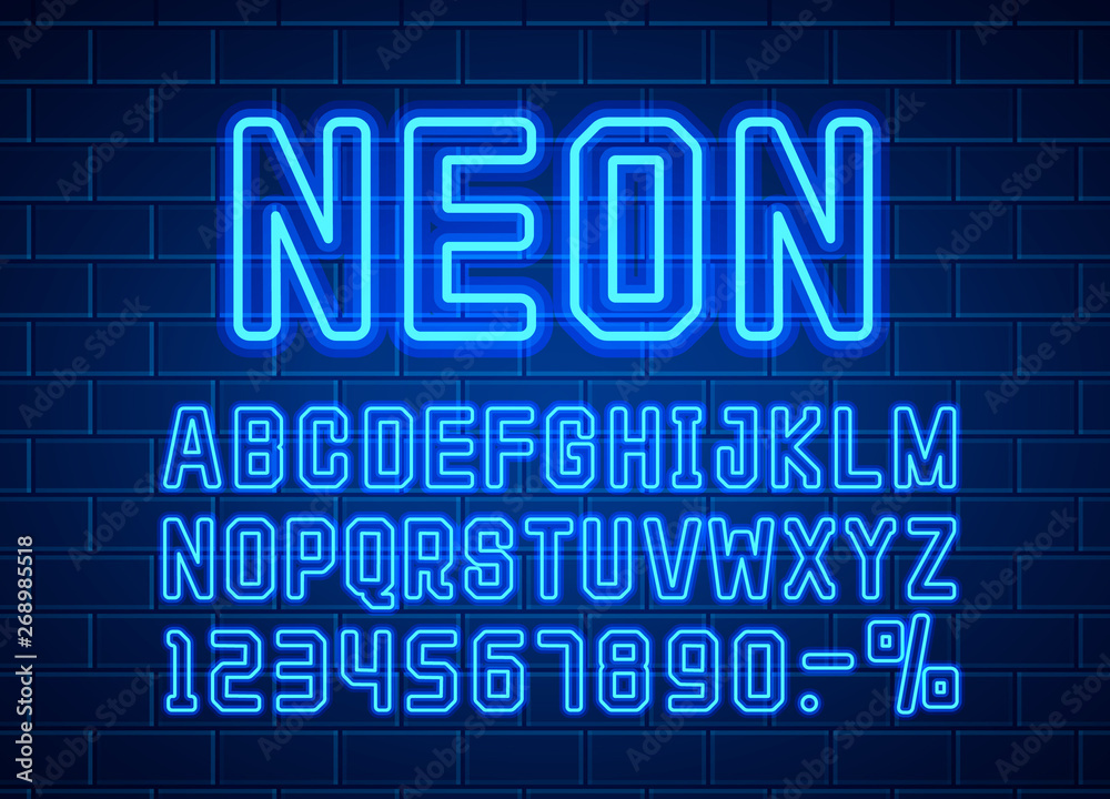 Neon city color blue font. English alphabet sign. Neon city color blue font. English alphabet sign.
