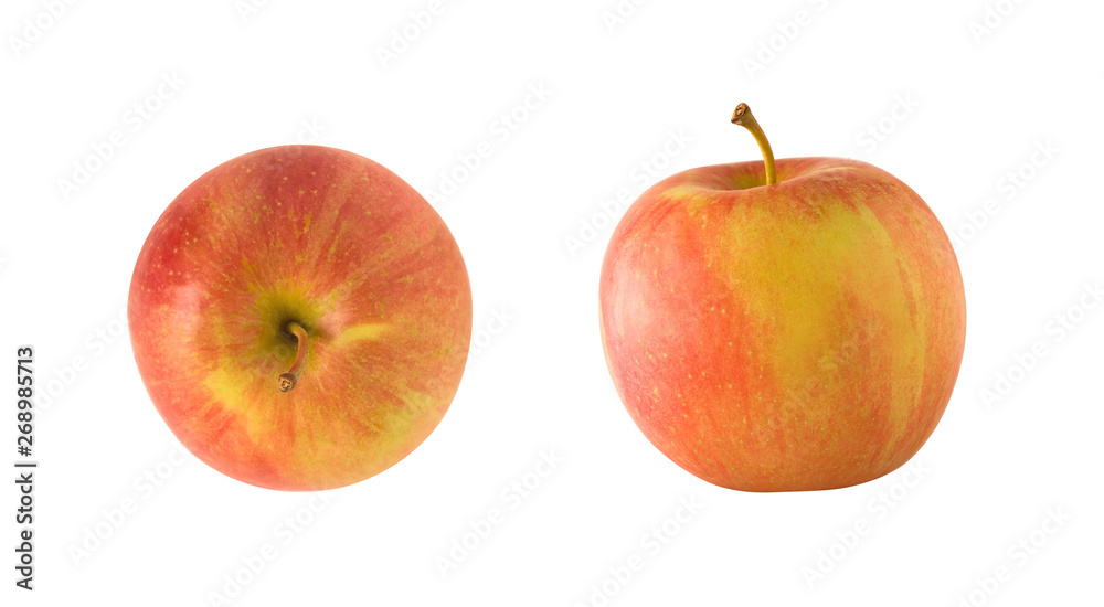 Top and side views of whole red and yellow apple fruit isolated on white background