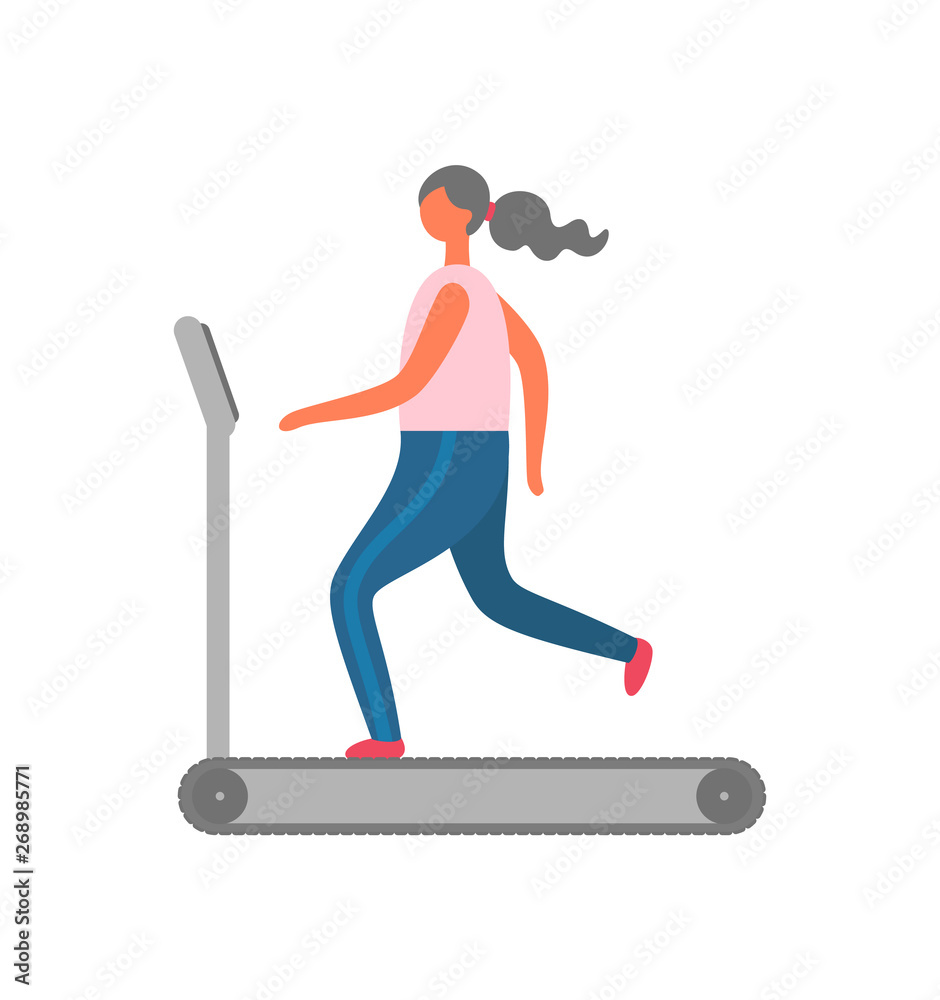 Fototapeta premium Sport and jogging, woman on treadmill vector. Running track, girl doing cardio exercise, fitness and physical activity, body health and strength, workout