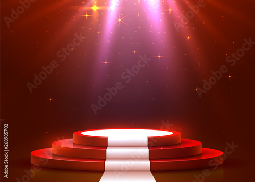 Abstract round podium with white carpet illuminated with spotlight. Award ceremony concept. Stage backdrop.