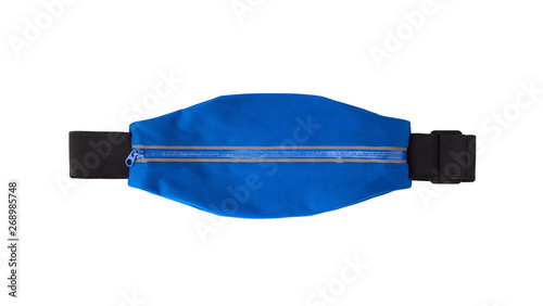 Vászonkép Top view of sport blue waist bag or pack with zipper isolated on white backgroun