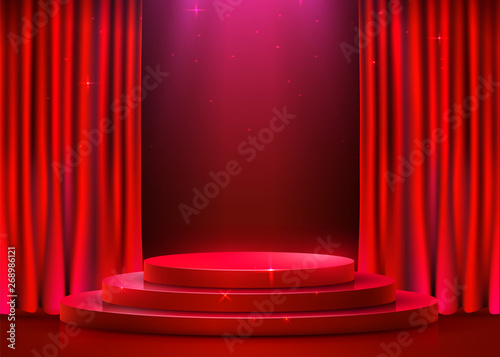 Abstract round podium illuminated with spotlight and curtain. Award ceremony concept. Stage backdrop.