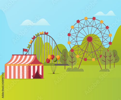 Carousel and attractions in amusement park vector, tent with balloons, ferris wheel and roller coaster american ride. Fresh air of summer forest, nature