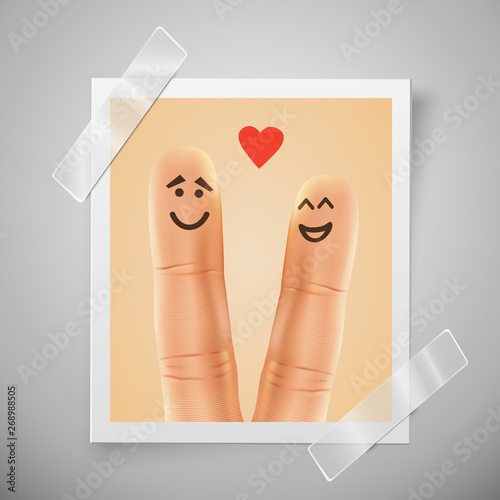 Modern colorful vertical love motive photo frame. Pair of happy fingers smiley in love. Photo session flyer or wedding invitations with selfie fingers.
