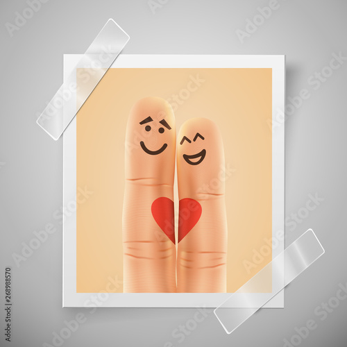 Modern colorful vertical love motive photo frame. Pair of happy fingers smiley in love. Photo session flyer or wedding invitations with selfie fingers.
