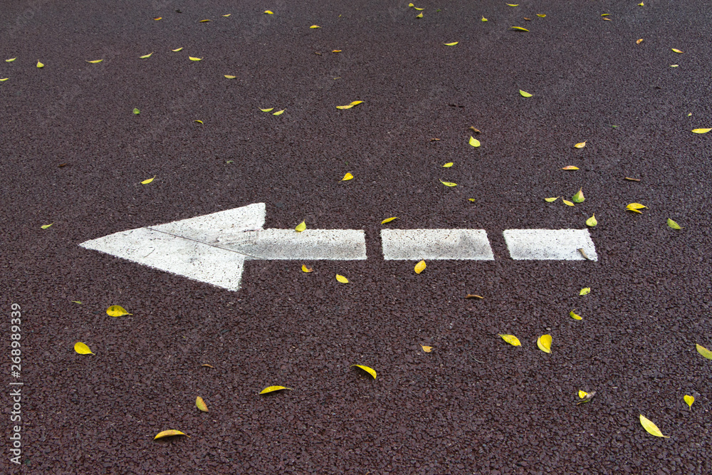 Fototapeta premium Fallen leaves and white arrow marks on red asphalt runway in autumn park