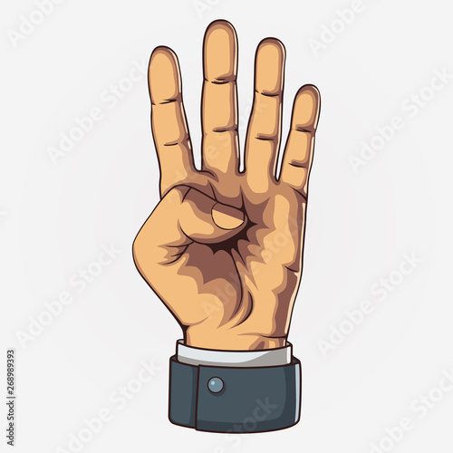 Hand showing four count.  Retro style. Vector