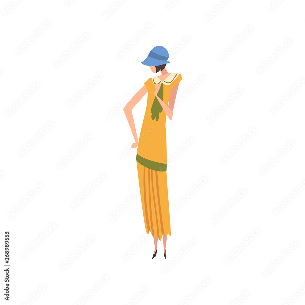 Elegant Woman in Retro Dress and Hat, Beautiful Girl of 1920s, Art Deco Style Vector Illustration
