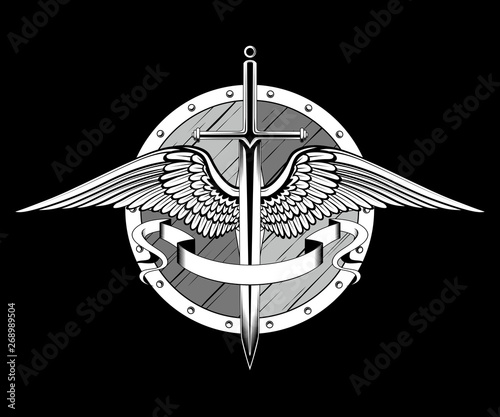 Vector image of sword, shield, wings, ribbon. Image on black background.