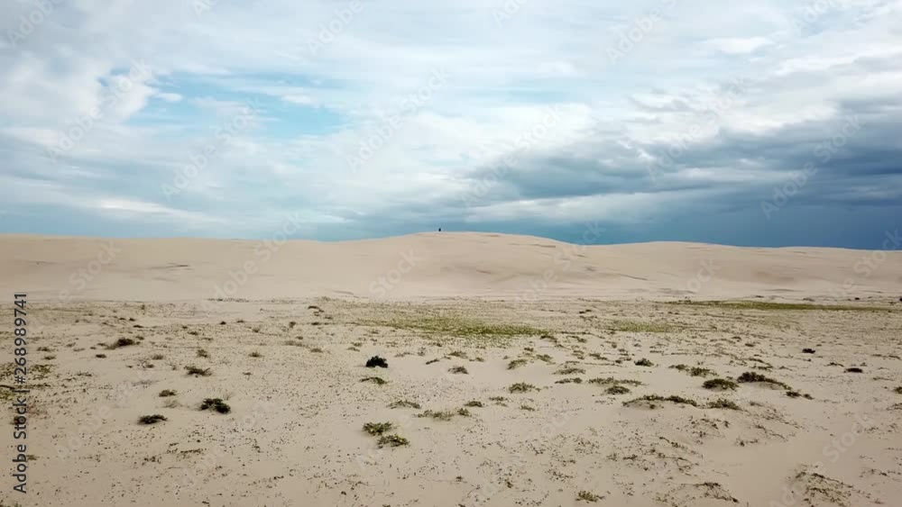Cinematic Low Angle Drone Aerial of Big Desert Beach With Sand Dune With Beautiful Skyline in Australian National Park Stockton Cinematic Low Angle Drone Aerial of Big Desert Beach With Sand Dune With Beautiful Skyline in Australian National Park Stockton