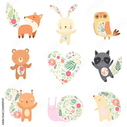 Cute Animals Decorated with Floral Seamless Pattern Set, Lovely Forest Animals Cartoon Characters Vector Illustration