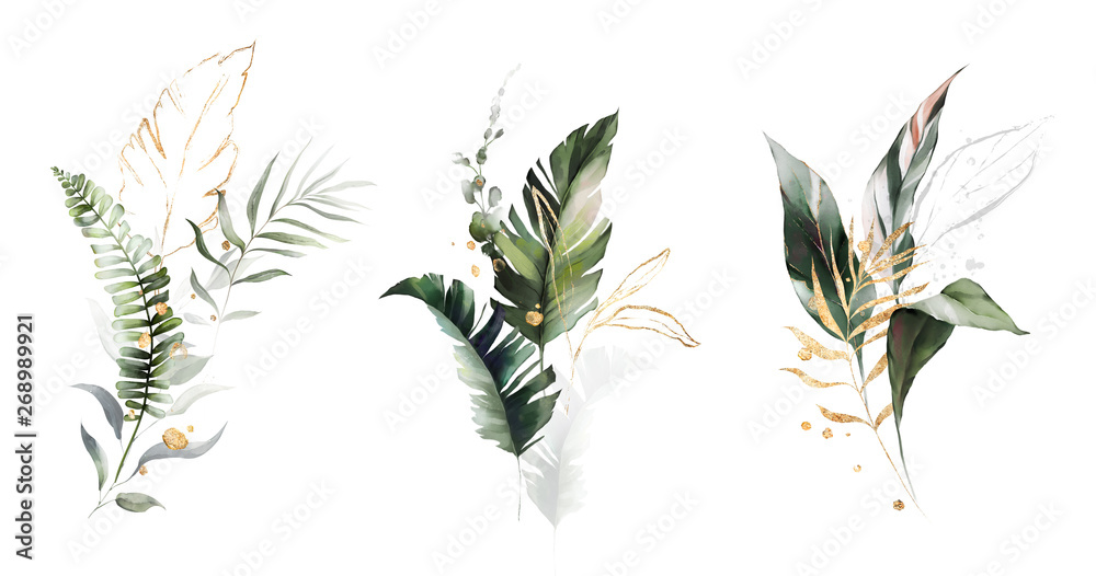  watercolor and gold leaves. herbal illustration. Botanic tropic composition.  Exotic modern design - obrazy, fototapety, plakaty 