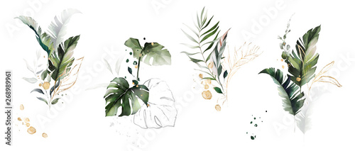  watercolor and gold leaves. herbal illustration. Botanic tropic composition. Exotic modern design