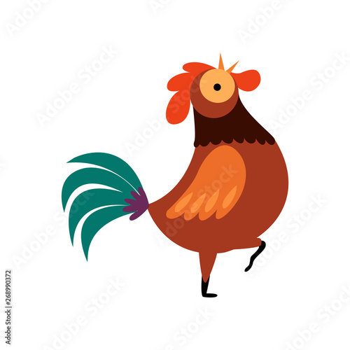Colorful Rooster Standing on One Leg and Crowing  Farm Cock  Poultry Farming Vector Illustration