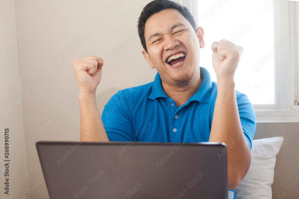 Successful Man Celebrating Victory, Entrepreneur Working Online Business From Home Successful Man Celebrating Victory, Entrepreneur Working Online Business From Home