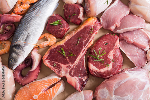 Assortment of meat and seafood photo