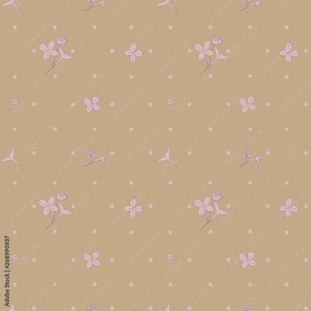   Flowers and lilac petals. Spring Syringa. Romantic and gentle, floral print. Flowers and Polka Dot Background