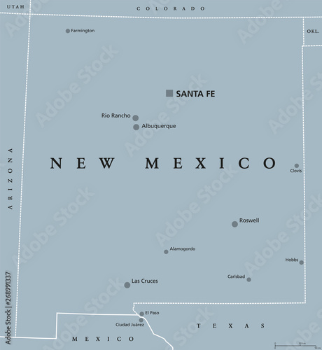 New Mexico, political map, with capital Santa Fe, the largest cities and borders. State in the Southwestern region of United States of America. Land of Enchantment. Gray illustration. Vector. photo