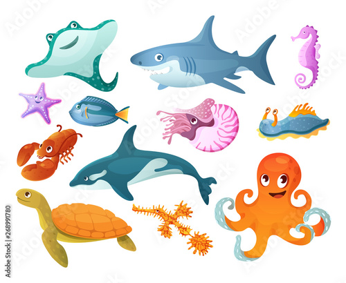 Sea and river underwater animals. Different sea animals fish