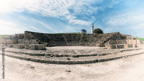 Tela Ancient Odeon amphitheatre in Paphos Archaeological Park (Kato Pafos), harbour of Paphos, Cyprus, panoramic view