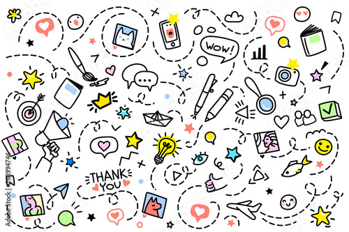 Doodle background with hand drawn icons. Line art