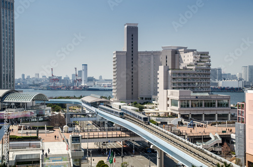 Monorail train line  Yurikamome  connect Odaiba island with Tokyo. Japan