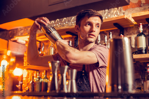 Handsome bartender using shaker while making cocktail