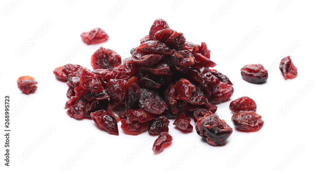 Dried cranberries isolated on white background, top view Dried cranberries isolated on white background, top view