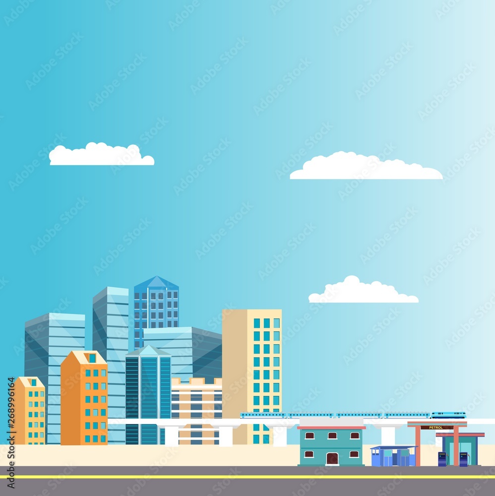 Modern skyscrapers, office buldings of the modern city, urban multicolor landscape . Vector